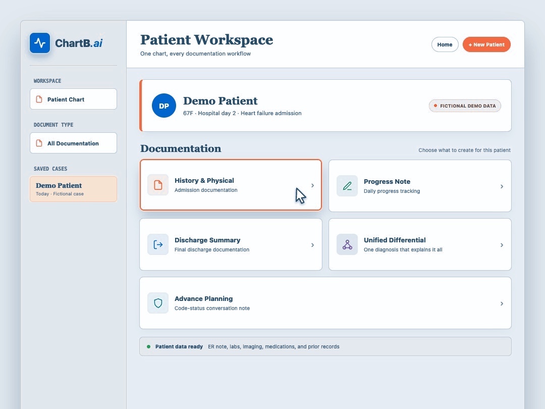 ChartB.ai clinical note generator using fictional patient data